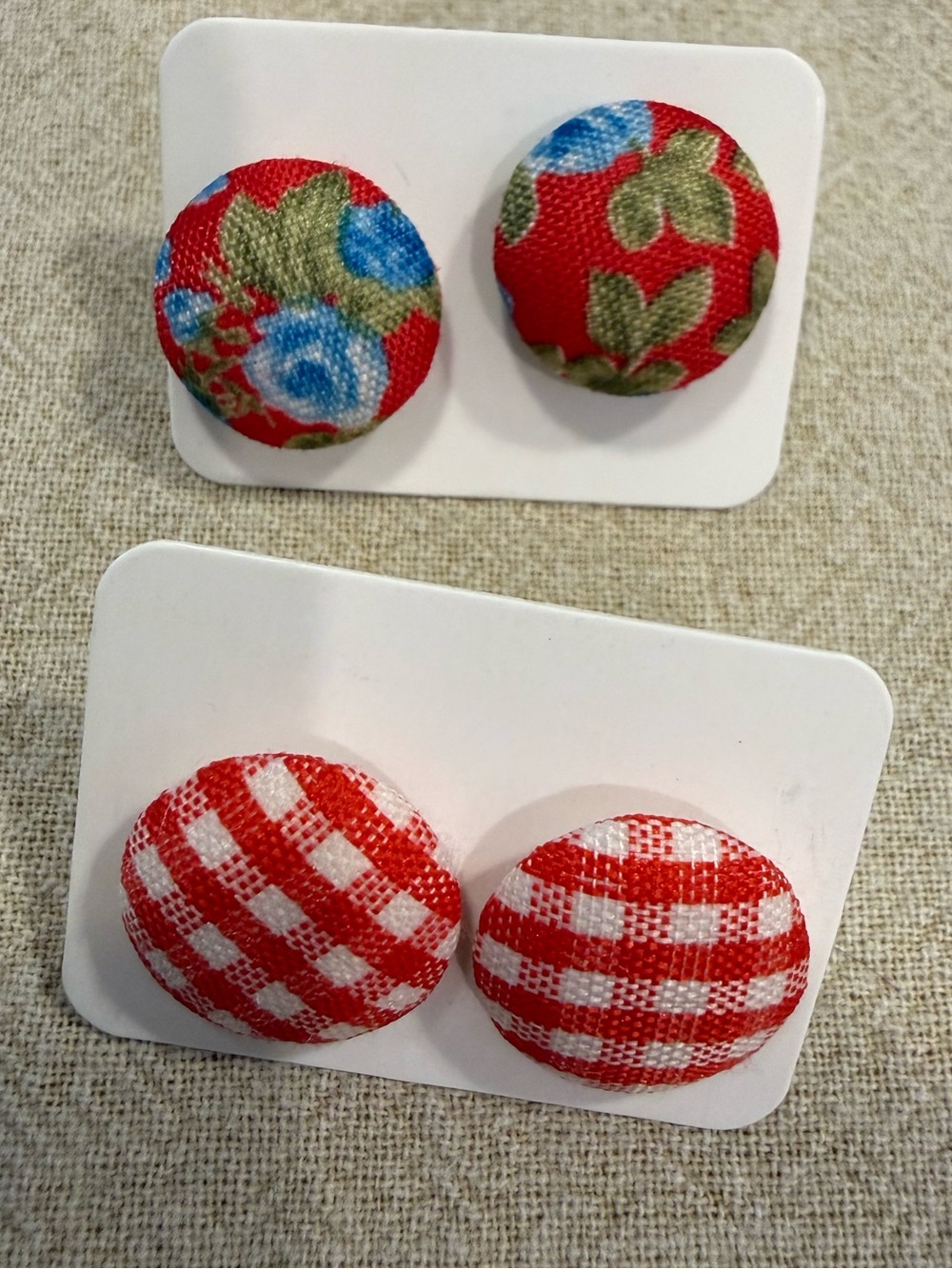 Red floral & checkered plaid preppy cottage post earrings 2 pairs